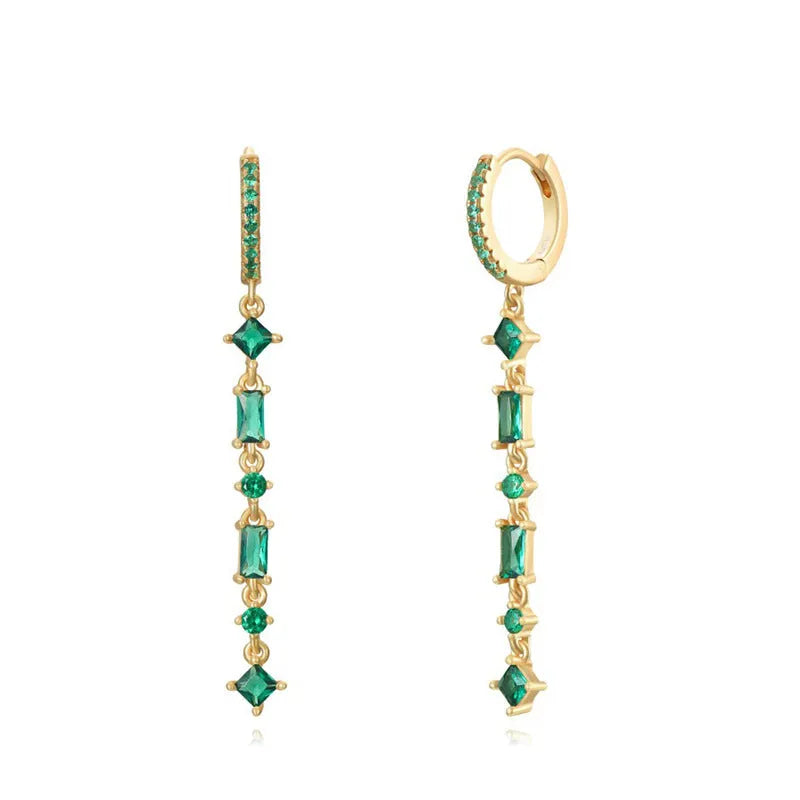 Sterling silver needle earrings with colourful zircon tassel drop design and geometric U-shape