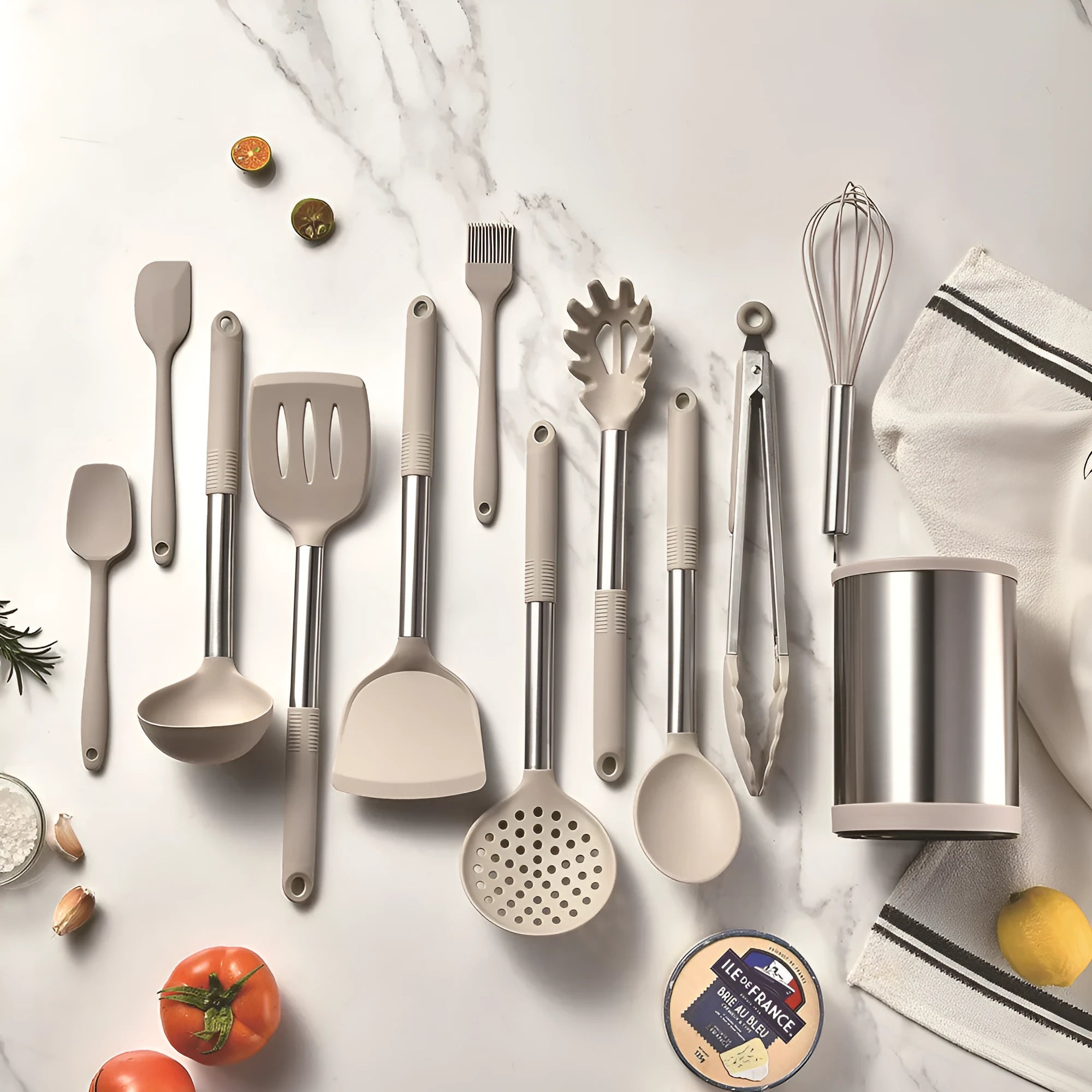 12 piece silicone kitchen utensil set with rotating storage bucket in black, dark grey or khaki colours