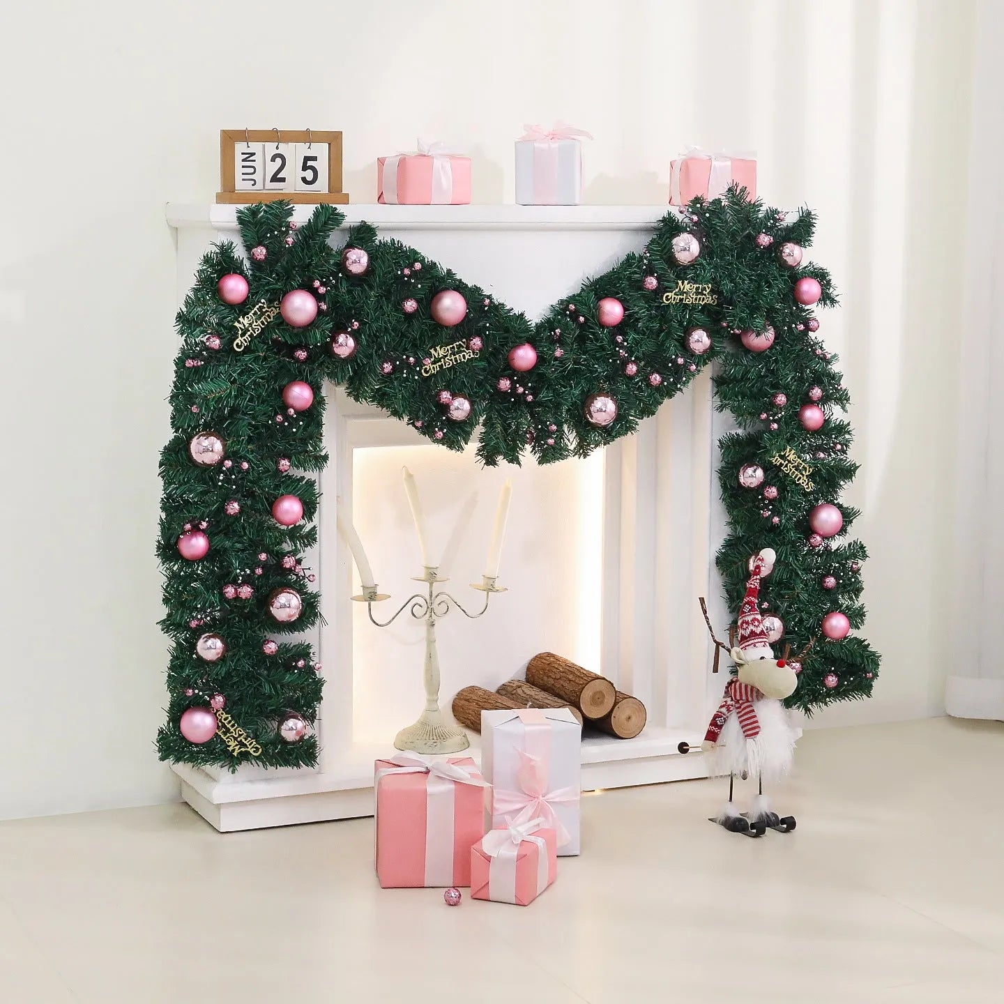 2.7 metre pink Christmas rattan vine garland with 240 decorations and optional LED lights