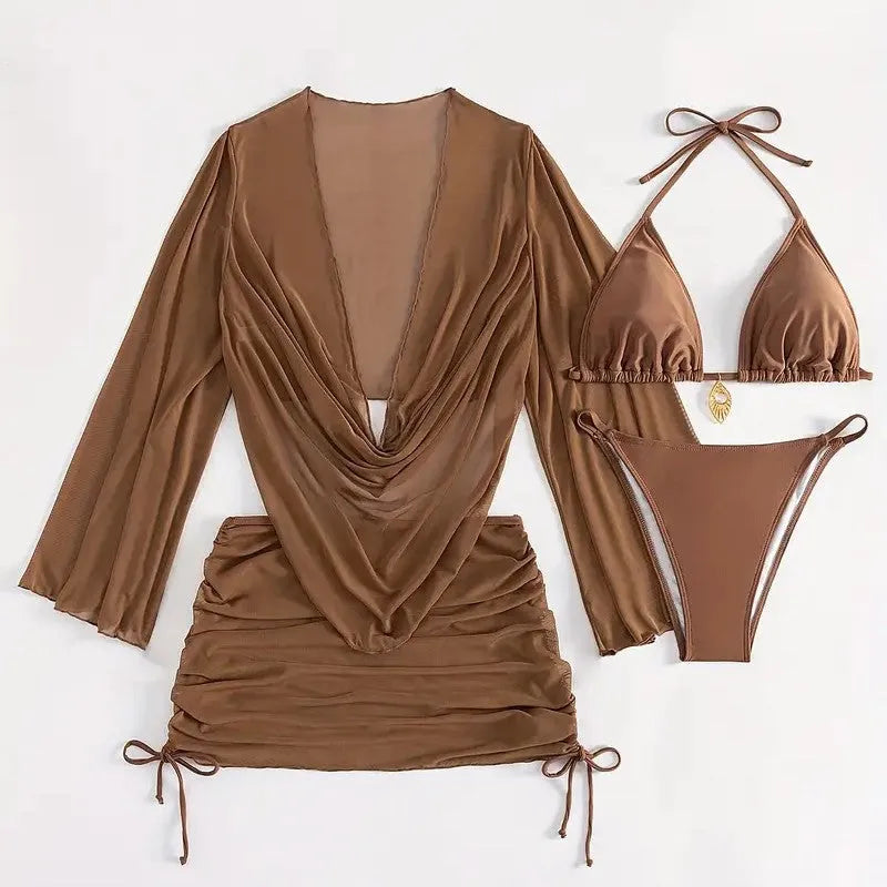 Women's dark brown lace-up front bikini swimsuit with backless design