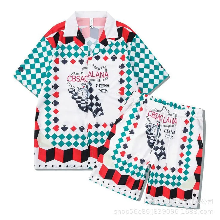 Plaid print beach shirt and trouser outfit set in European American style with short sleeves
