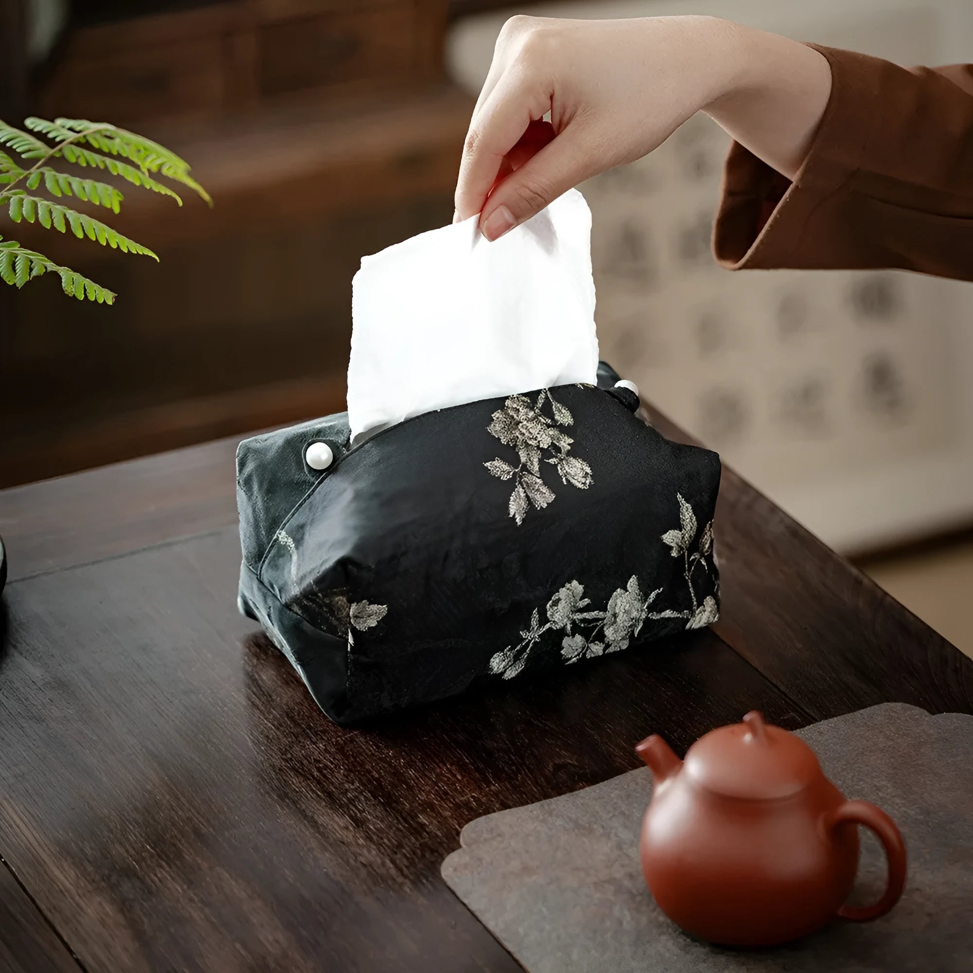 Chinese brocade tissue box cover with embroidered white plum design