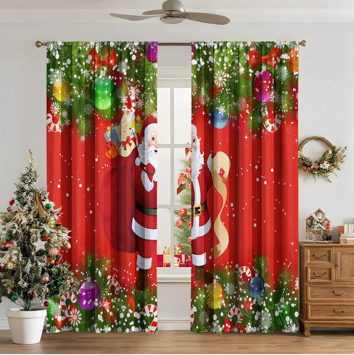 3D digital printed modern Christmas curtain hanging on a window