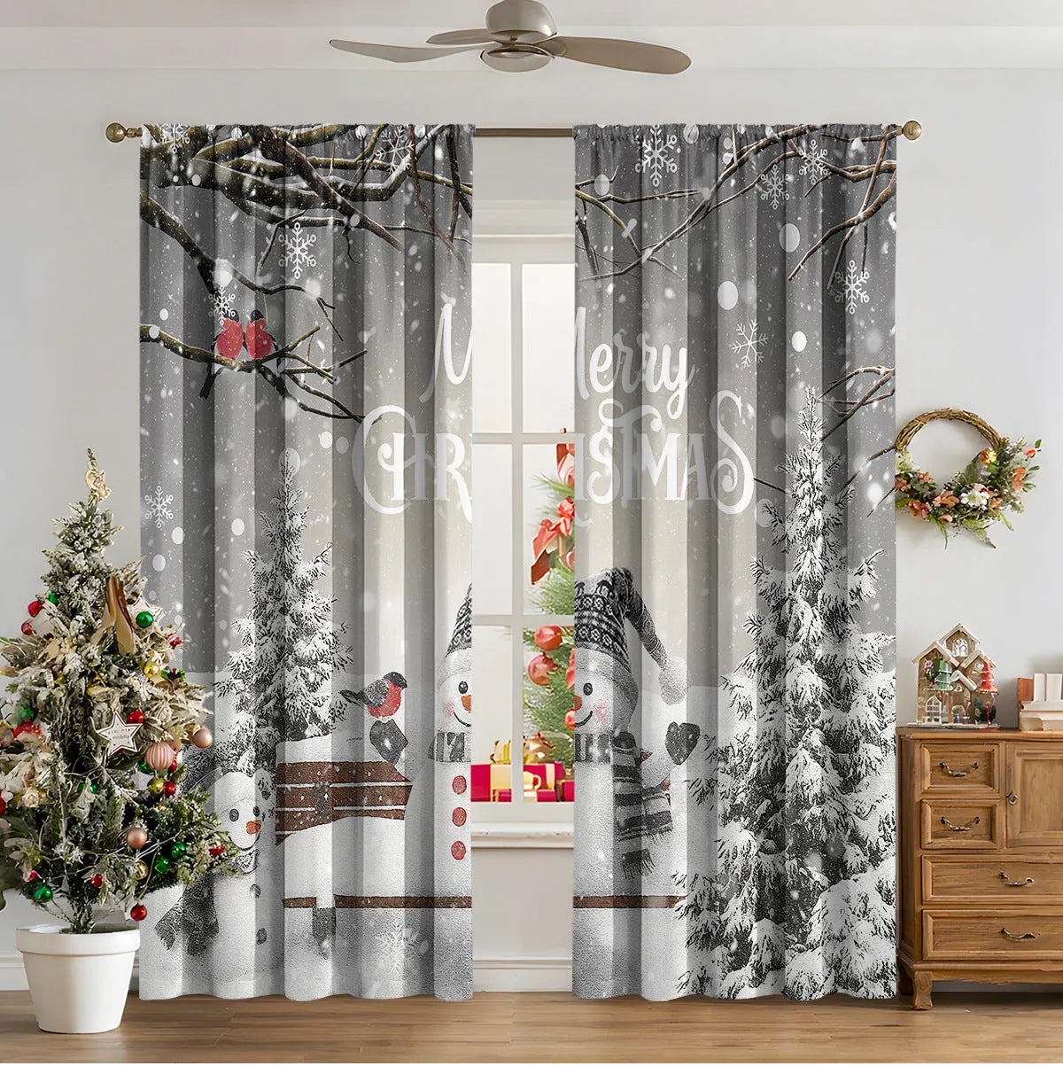 3D digital printed modern Christmas curtain hanging on a window
