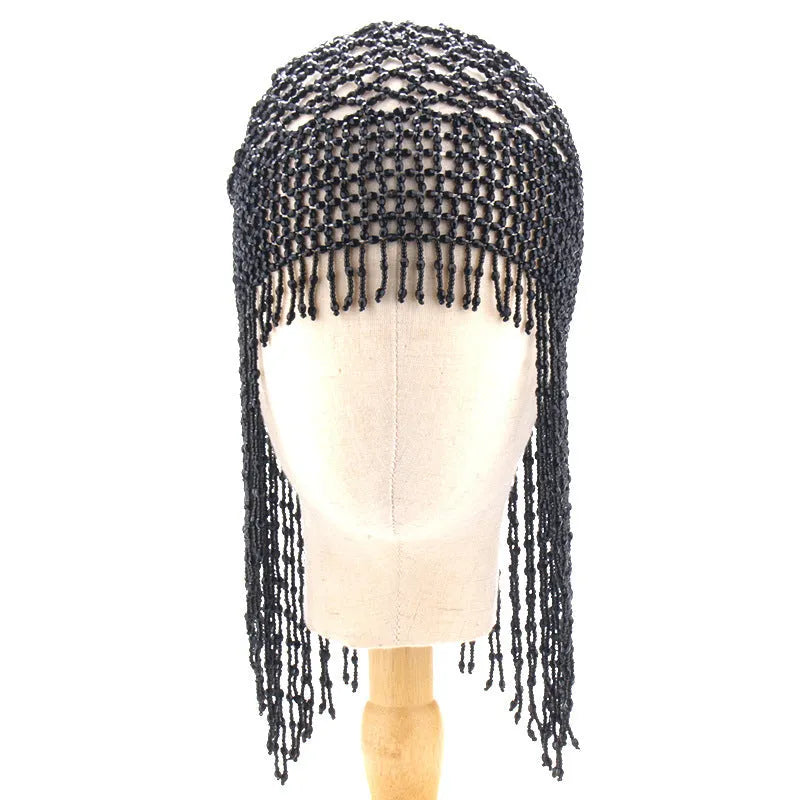 Alloy belly dance performance hat with beaded tassels in black or silver colour