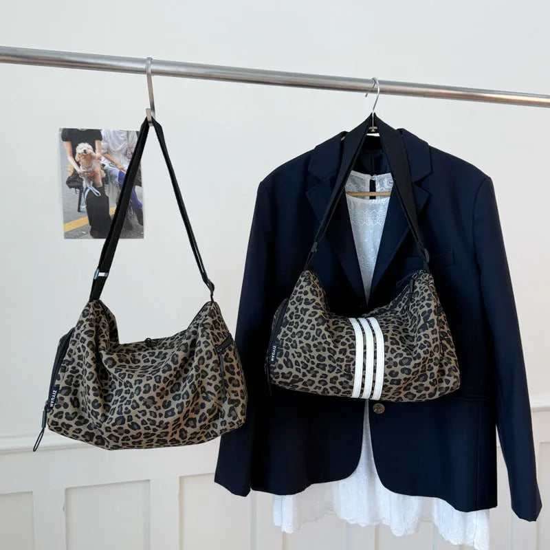 Leopard print sports messenger crossbody bag with large capacity and cloth construction