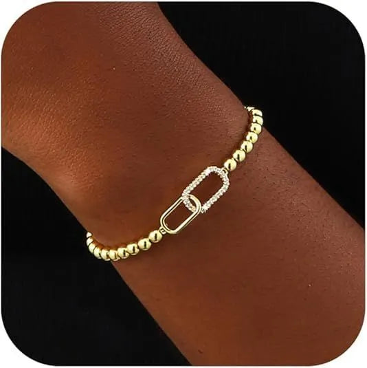 Adjustable stainless steel beaded bracelet with geometric round beads in multiple colour options
