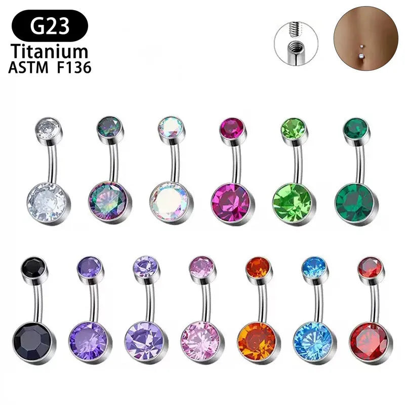 Double-headed zircon titanium alloy navel stud in various colours on a white background.