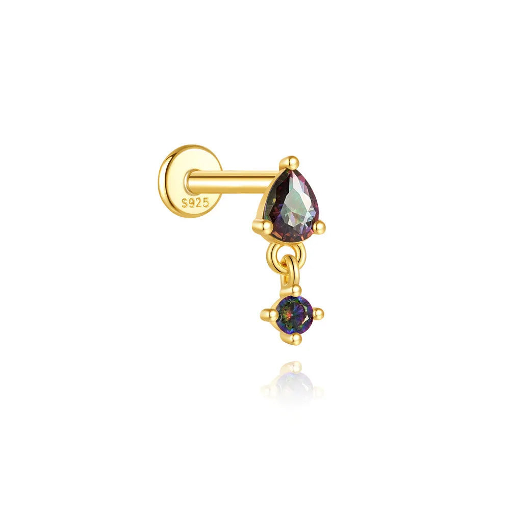 S925 sterling silver flat head thread piercing earring with rainbow stone in geometric design