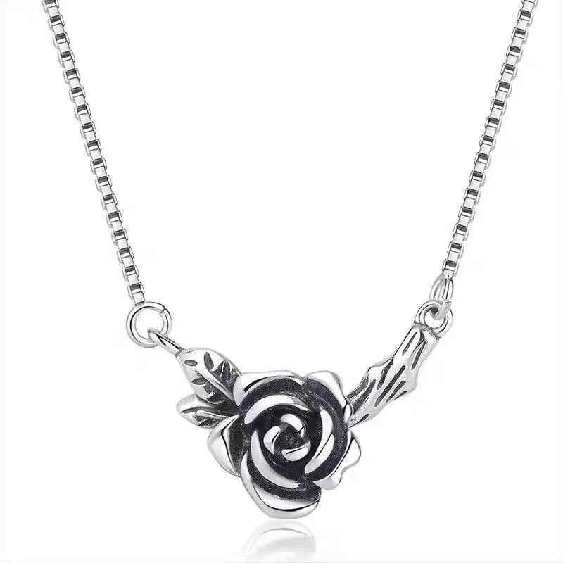 Retro black rose necklace for women with distressed vintage rose finish copper pendant cross chain