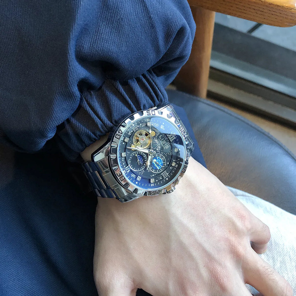 Men's silver case automatic mechanical watch with black starry dial, luminous hands and genuine leather strap