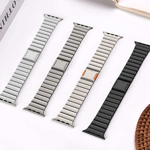 Stainless steel Apple Watch strap with magnetic buckle in business style.
