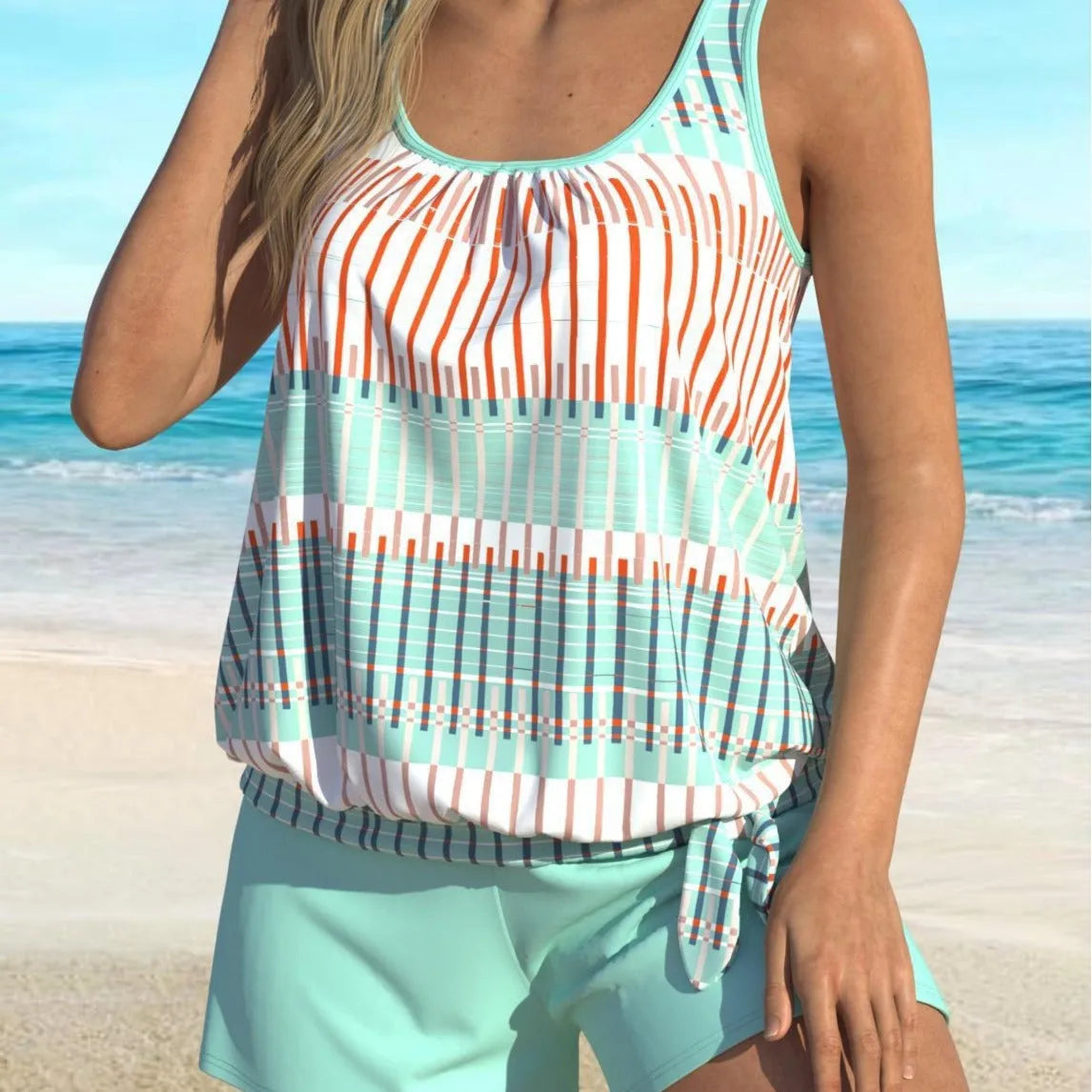 Women's sky blue striped colour split swimsuit in polyester fiber, shown in plus size fit.