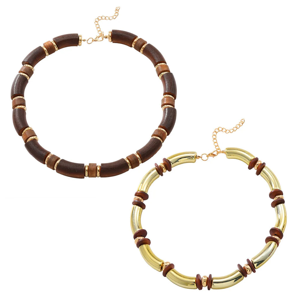 Multi-layer wooden necklace and bracelet set for women with alloy construction