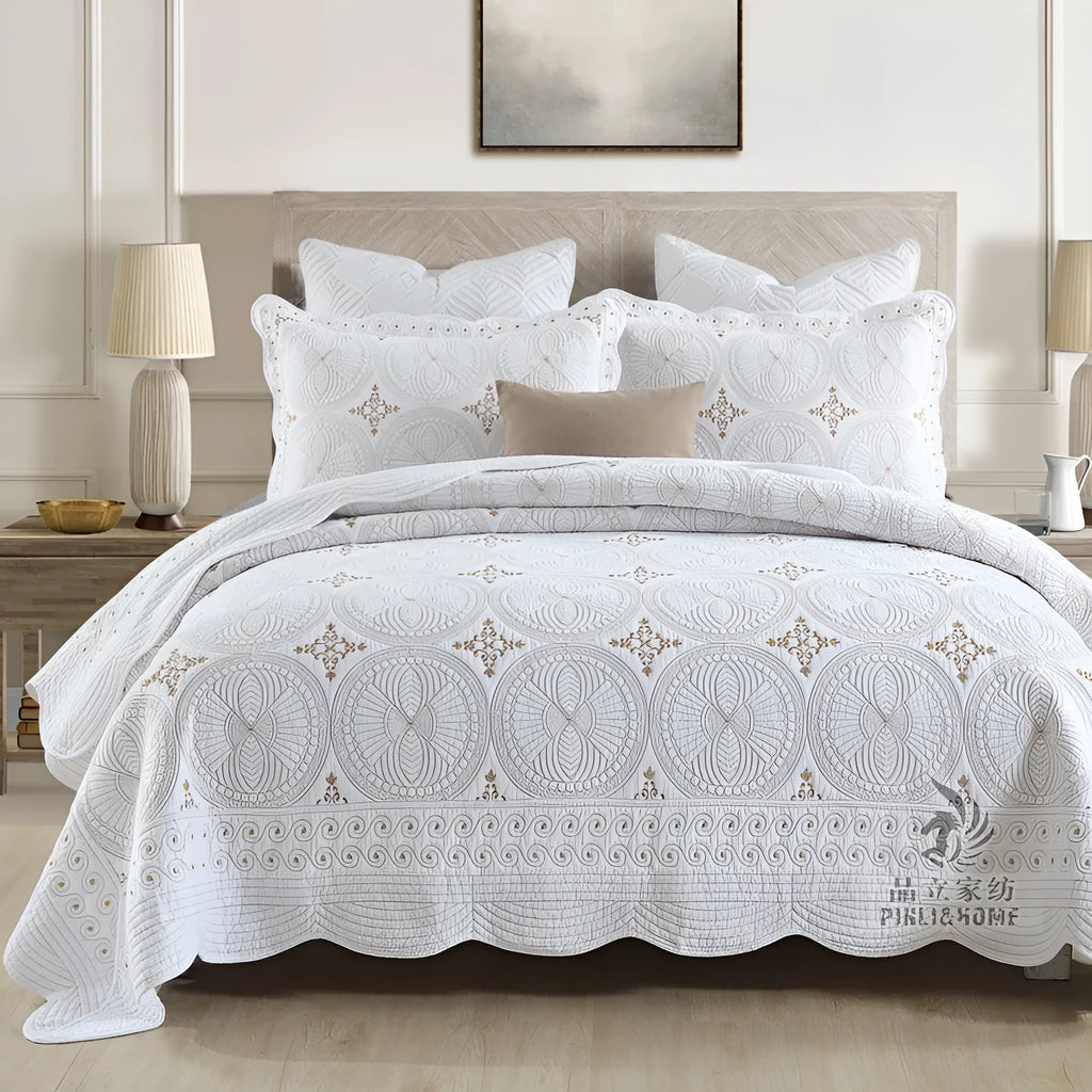 European-style pure cotton embroidered bed cover set with two pillowcases on a bed