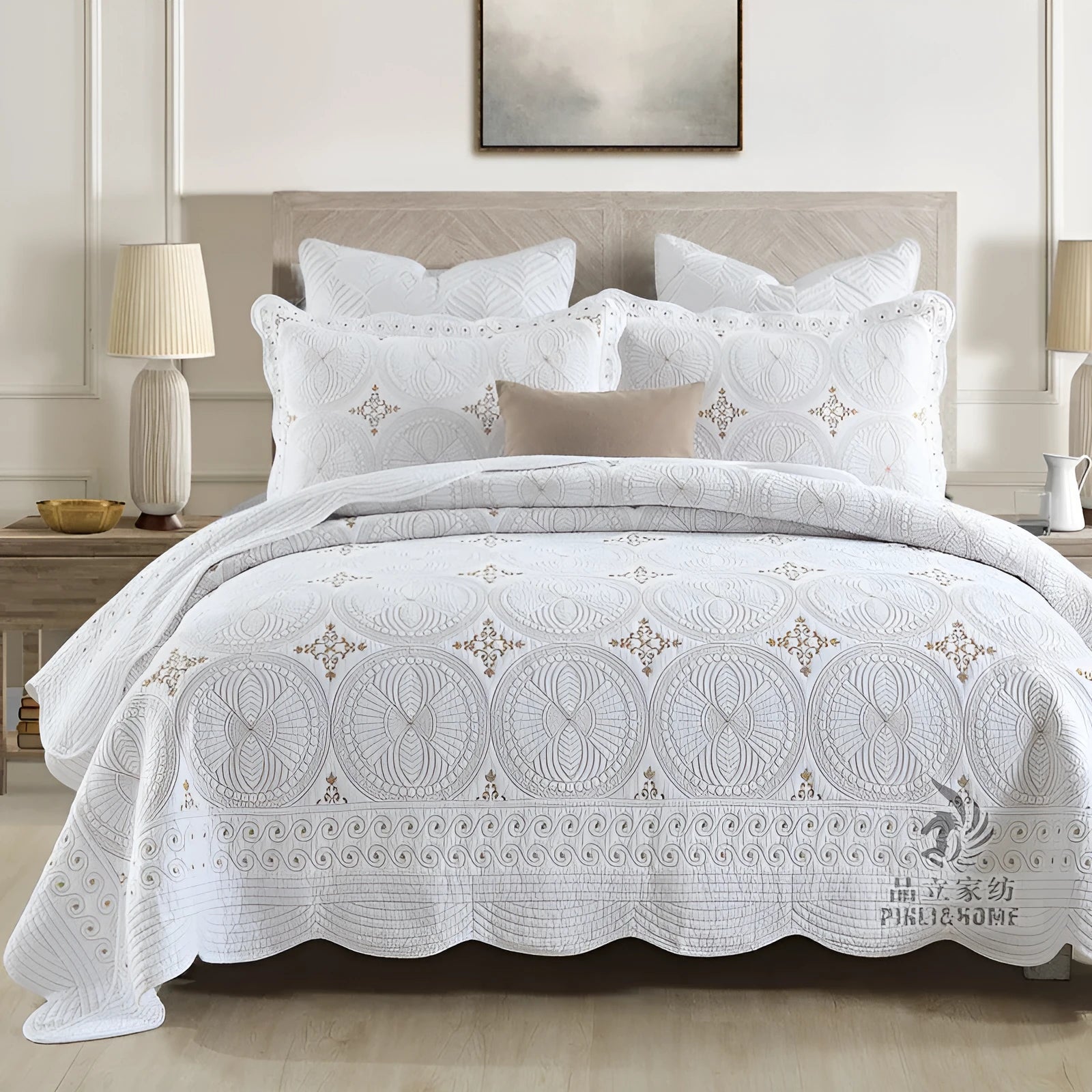 European-style pure cotton embroidered bed cover set with two pillowcases on a bed