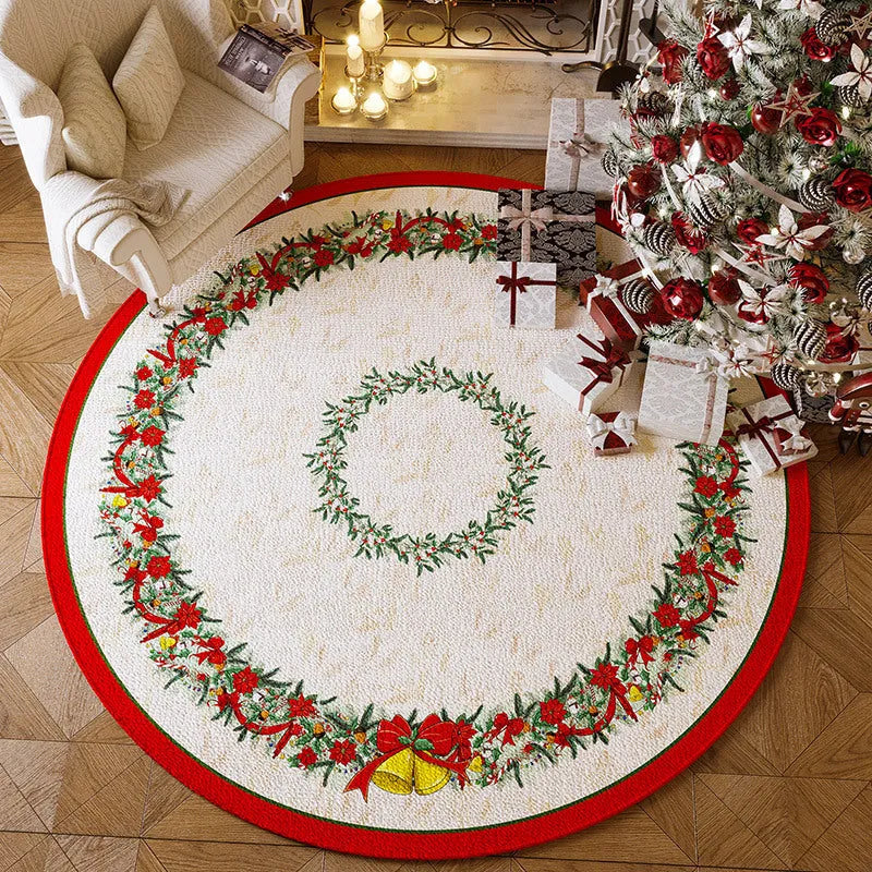 Round red Christmas floor mat with non-slip backing, shown in velvet pile texture.