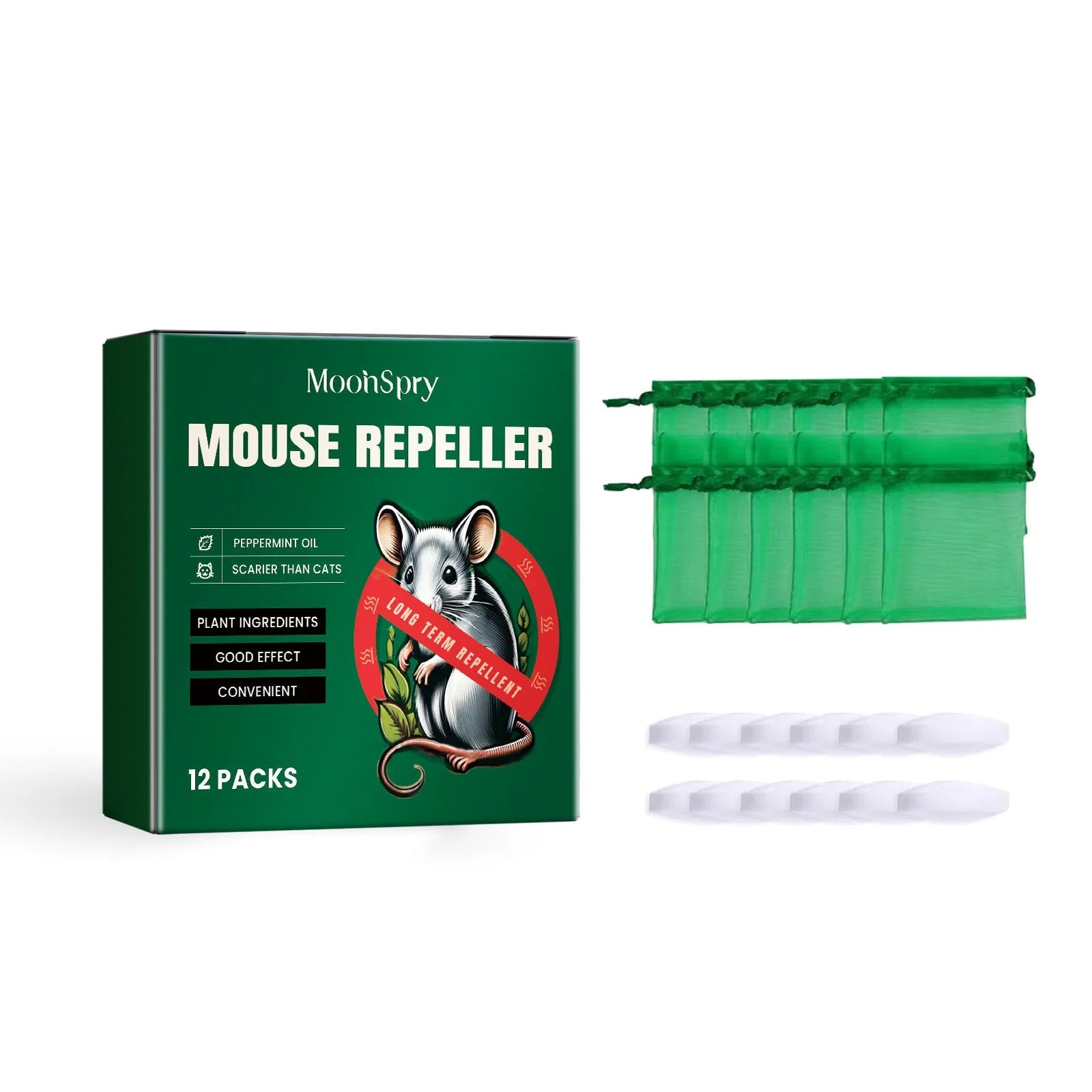 60ml bottle of natural rat repellent spray with ingredients including clove oil and peppermint oil.