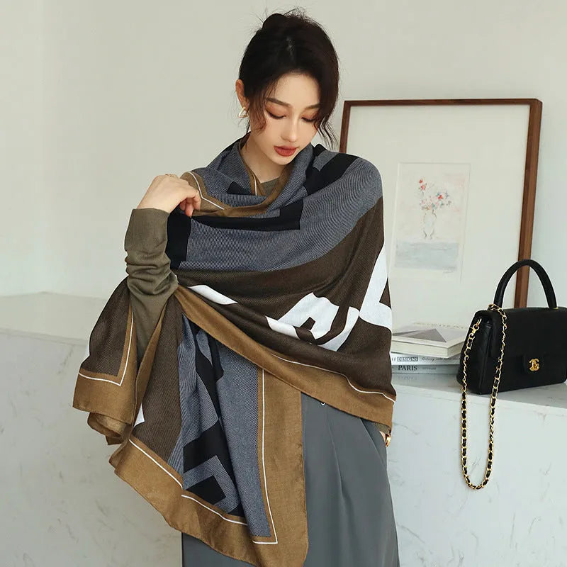 Vintage printed polyester scarf in mid-length 180cm by 90cm size for autumn warmth
