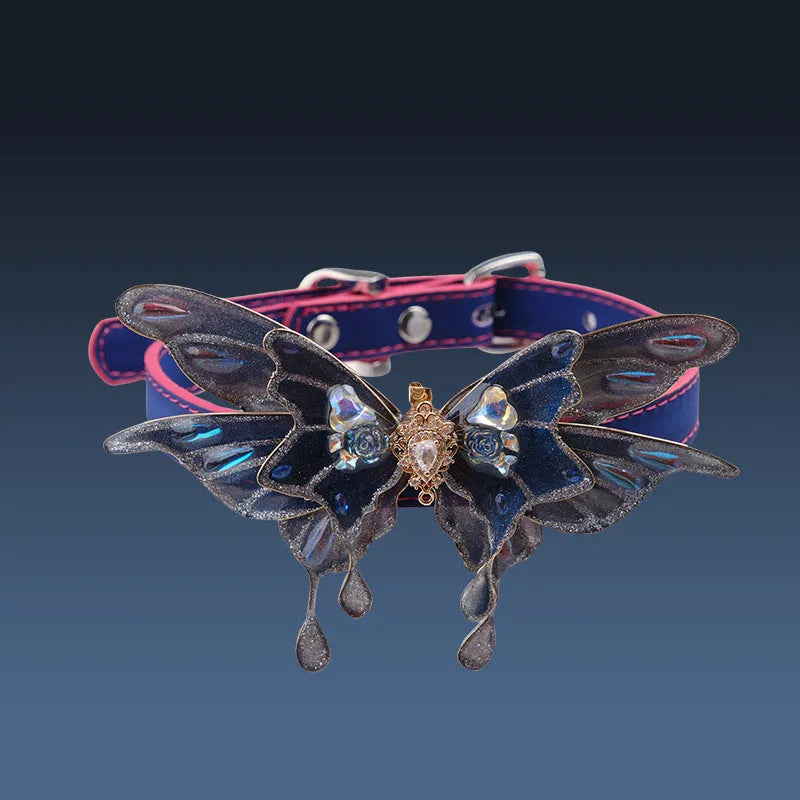 Purple colour-changing butterfly pendant necklace with rhinestone collar on an alloy chain.