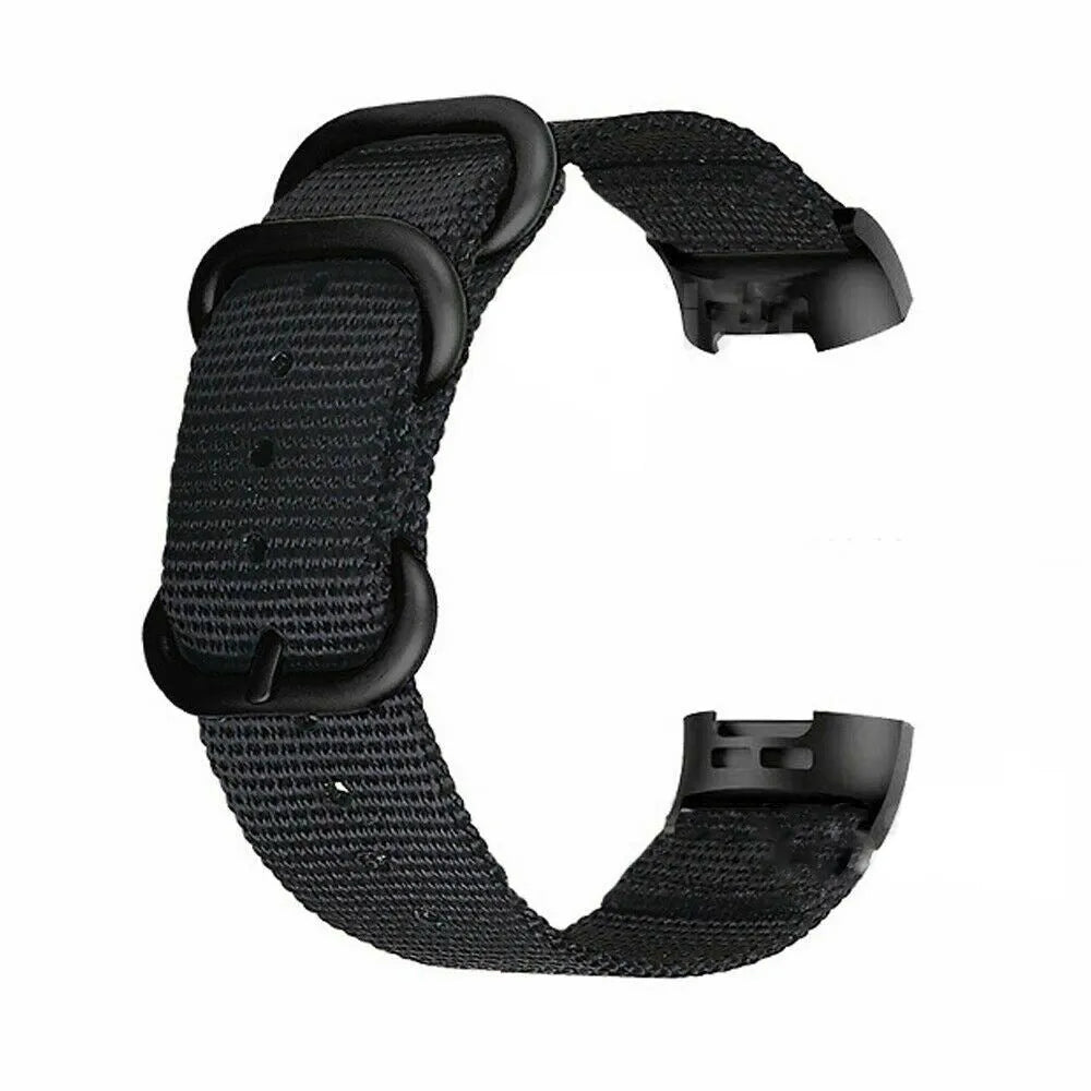Nylon three-ring buckle replacement strap for Fitbit Charge fitness trackers in multiple colours.
