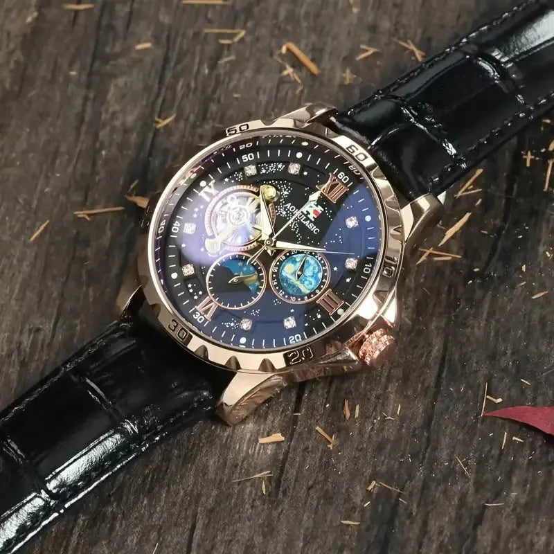 Men's black and rose gold automatic mechanical watch with genuine leather strap and transparent case back