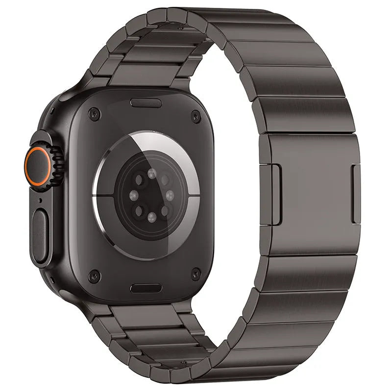 Stainless steel Apple Watch strap with magnetic buckle in business style.