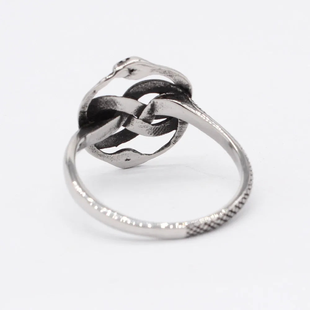 Close-up of a steel-coloured titanium steel double snake ring on a hand, showing retro design.
