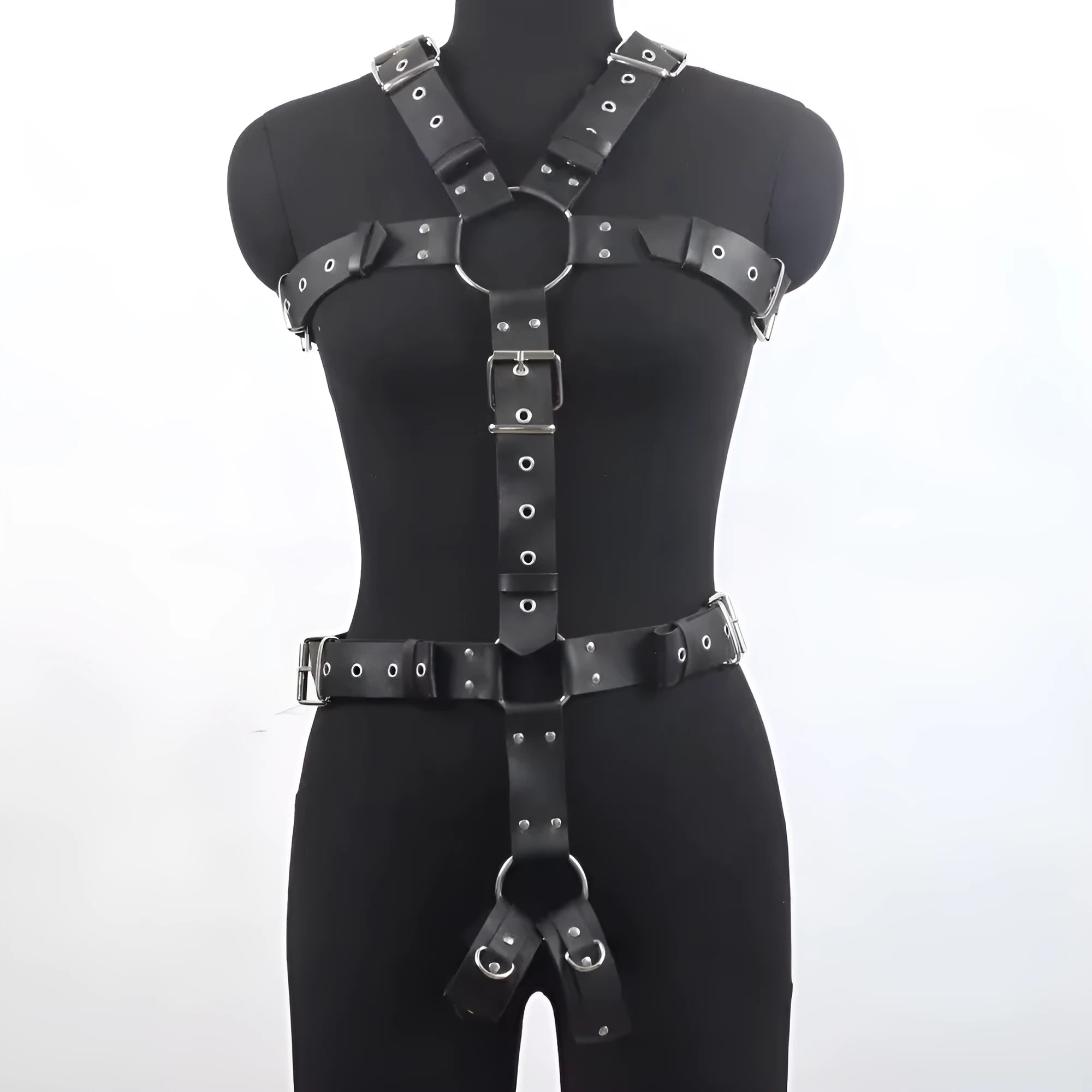 Black imitation leather waist shaping belt with a thin strap and adjustable pin buckle.