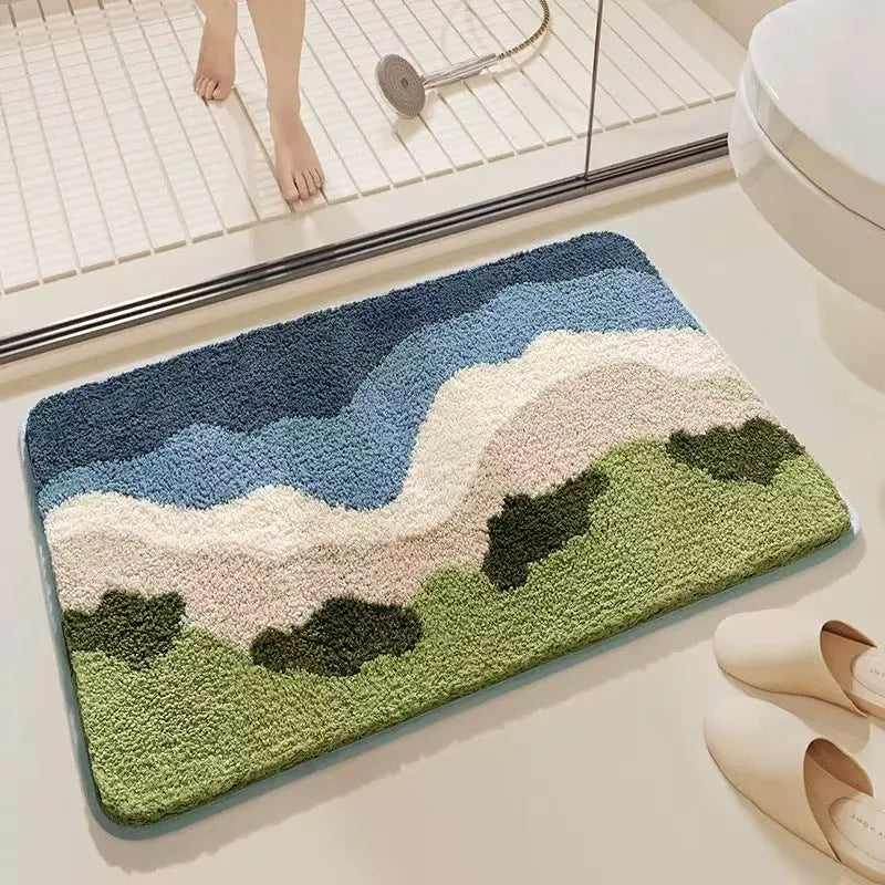 Rectangular rainbow print floor mat with sky sea colours and plastic dirt-resistant bottom