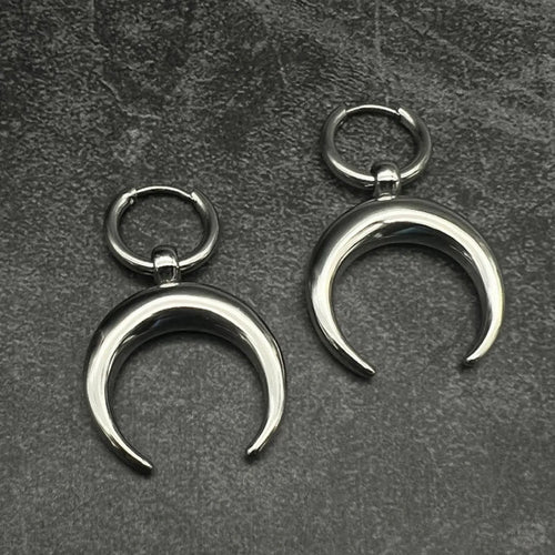 Silver geometric moon hoop earrings with gothic punk styling and clip-on ear clips