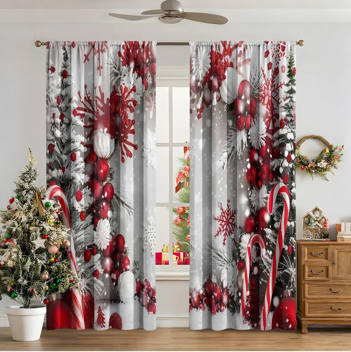3D digital printed modern Christmas curtain hanging on a window