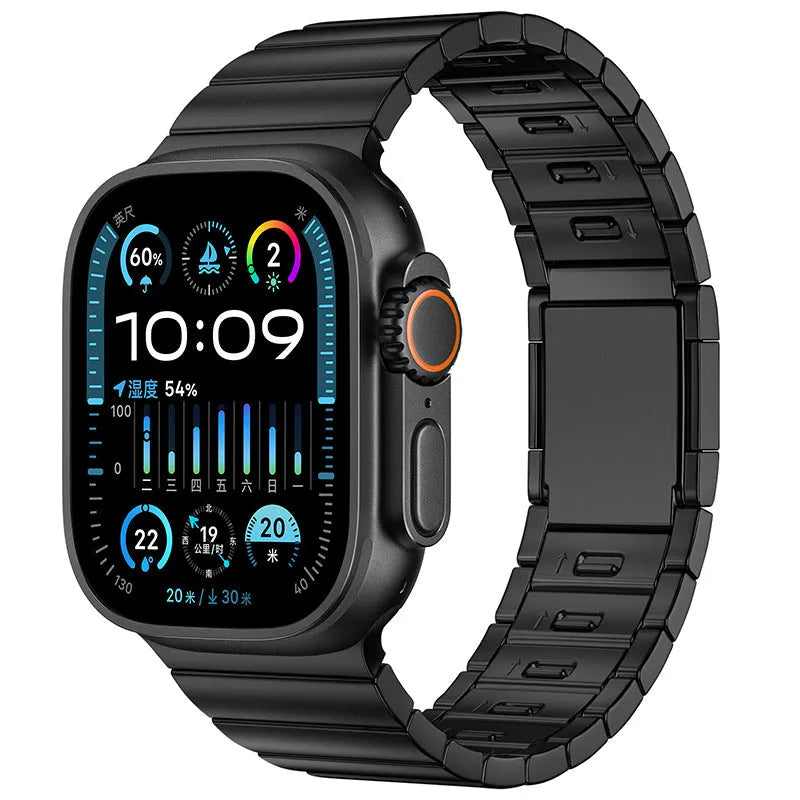 Stainless steel Apple Watch strap with magnetic buckle in business style.
