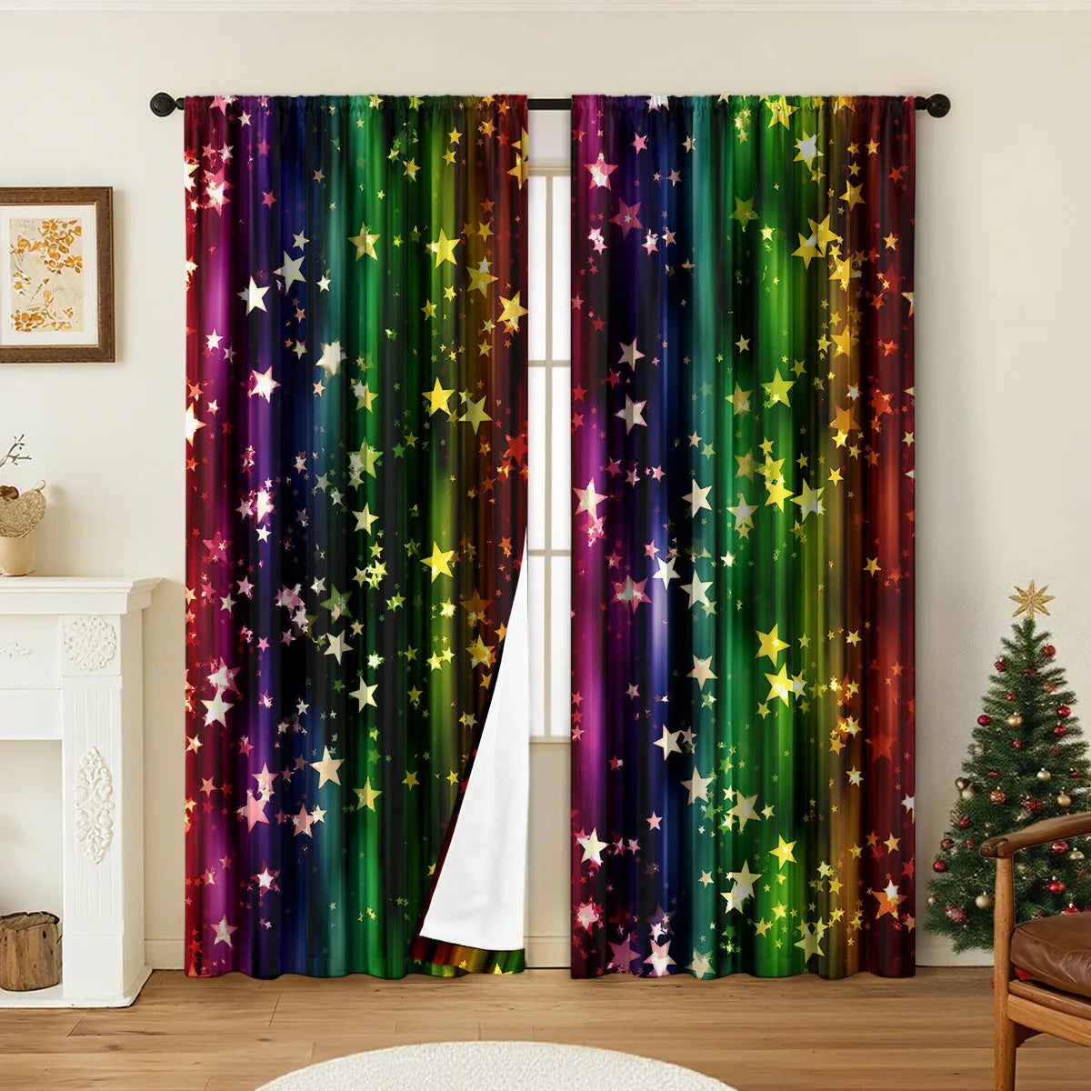 Pair of red and green Christmas theme digitally printed polyester curtains hanging on a window.