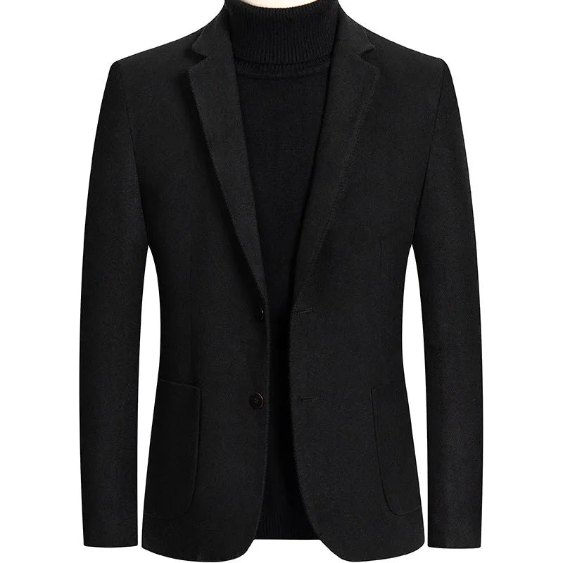 Men's slim fit wool suit jacket in grey shown on a model, suitable for autumn and winter wear.