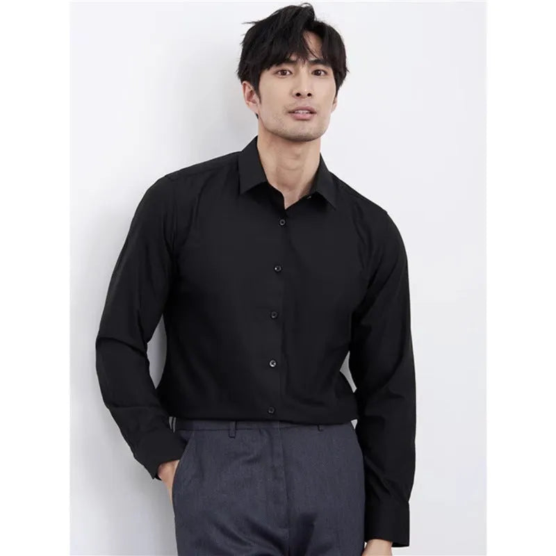 Men's wine red slim fit long sleeve shirt made from non-iron polyester blend fabric.