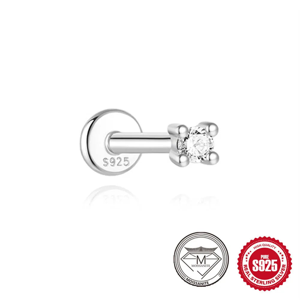 A pair of S925 sterling silver geometric petal stud earrings with a platinum finish, shown in a clip-on style.