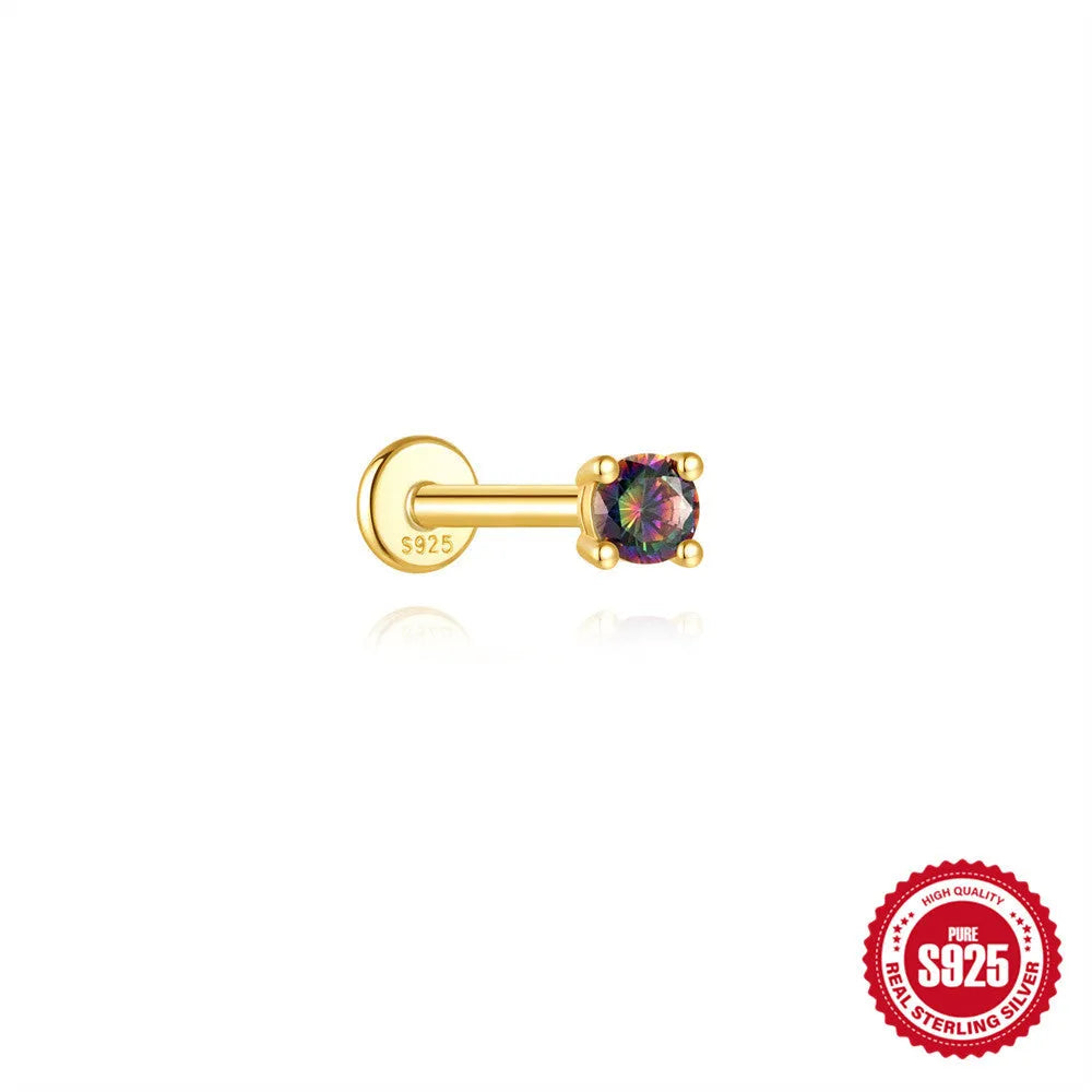 S925 sterling silver flat head thread piercing earring with rainbow stone in geometric design