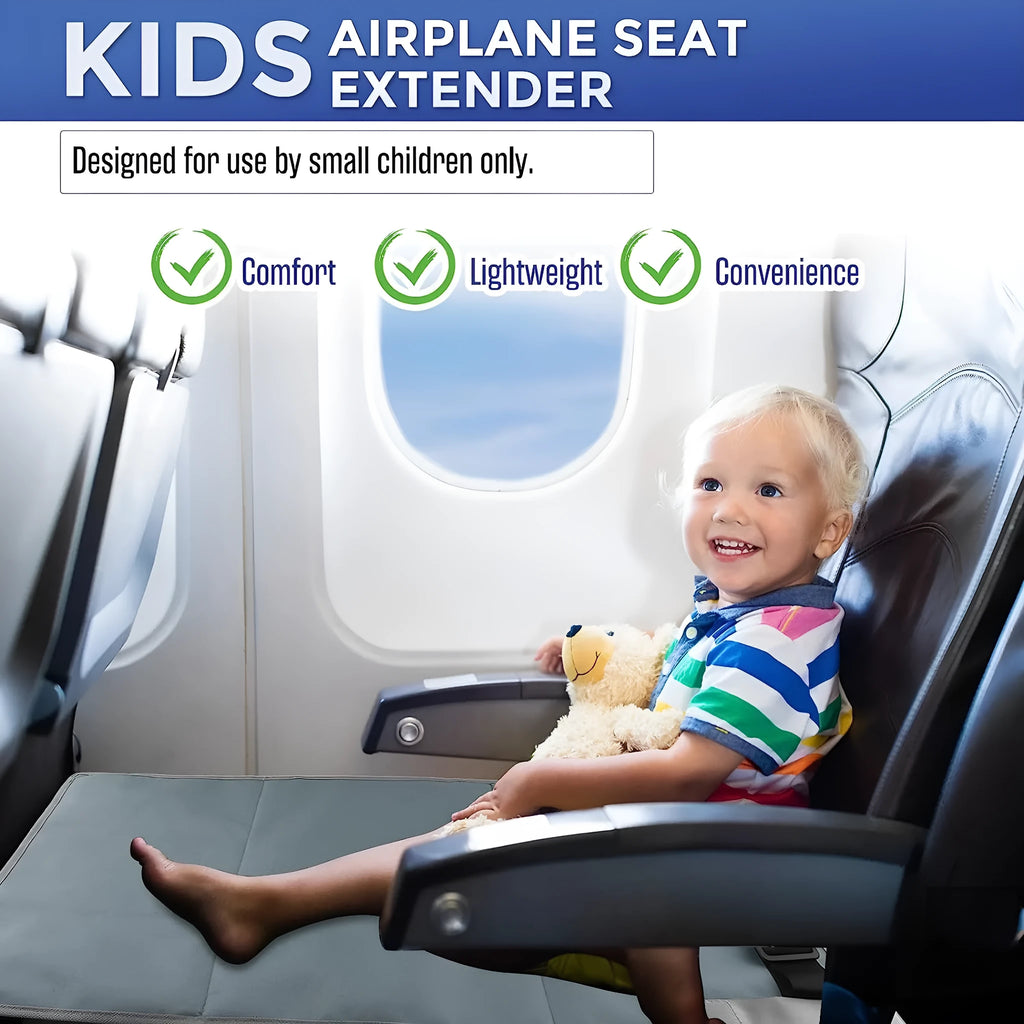 Portable blue nylon children's aircraft pedal seat extender with extension device