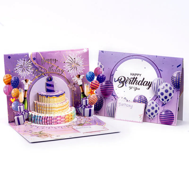 Open 3D cake greeting card with Chinese ink style artwork showing dimensional paper structure