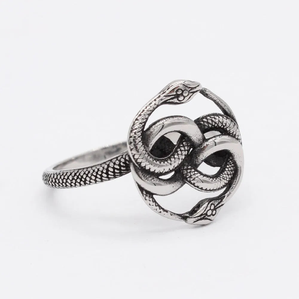 Close-up of a steel-coloured titanium steel double snake ring on a hand, showing retro design.