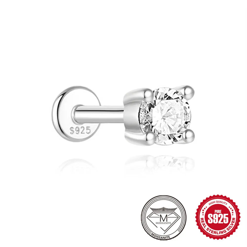 A pair of S925 sterling silver geometric petal stud earrings with a platinum finish, shown in a clip-on style.