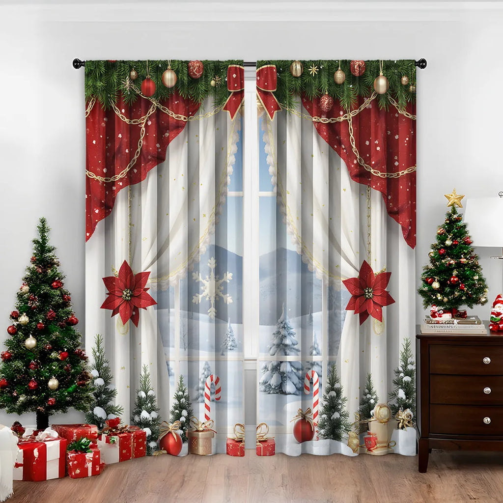 Pair of red and green Christmas theme digitally printed polyester curtains hanging on a window.