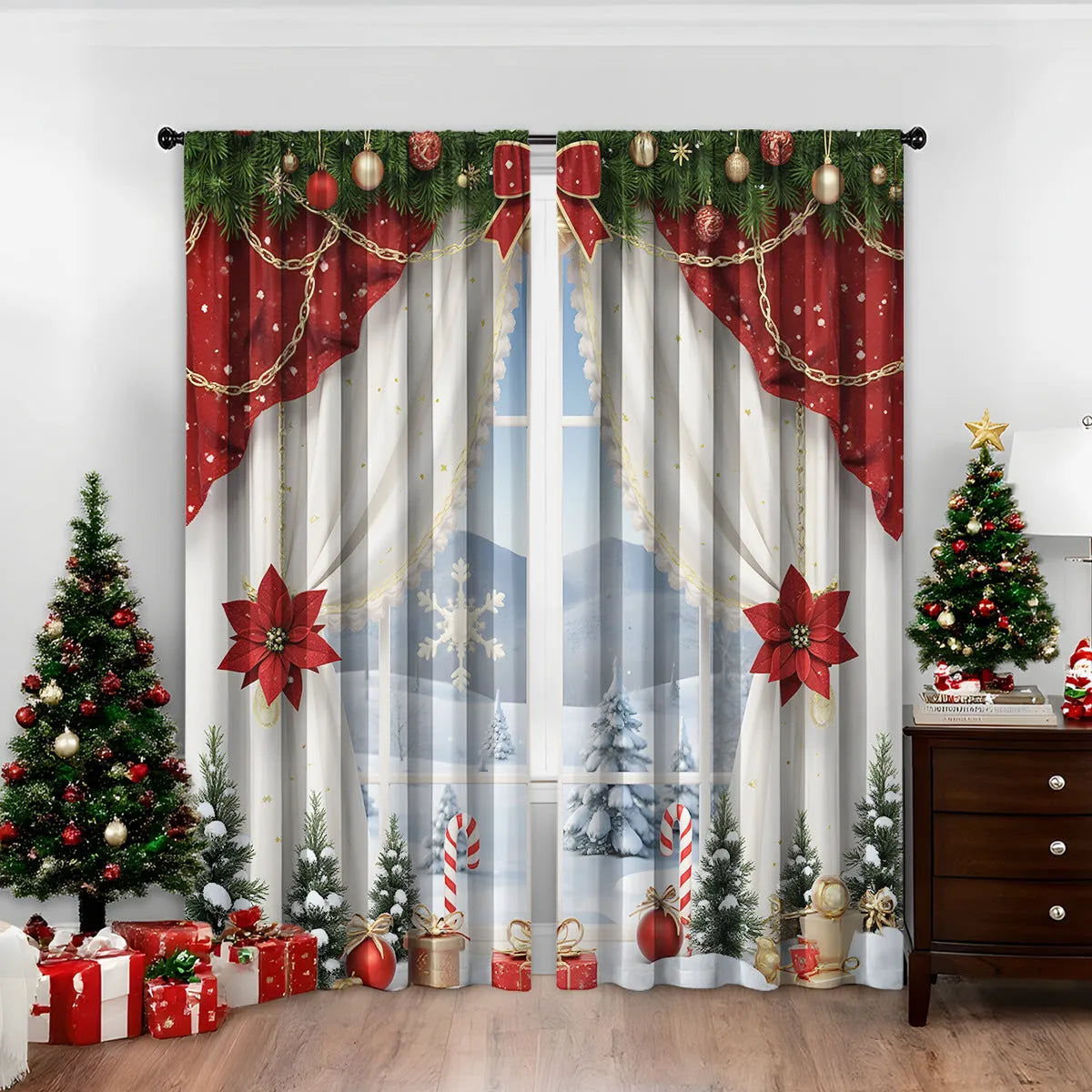Pair of red and green Christmas theme digitally printed polyester curtains hanging on a window.