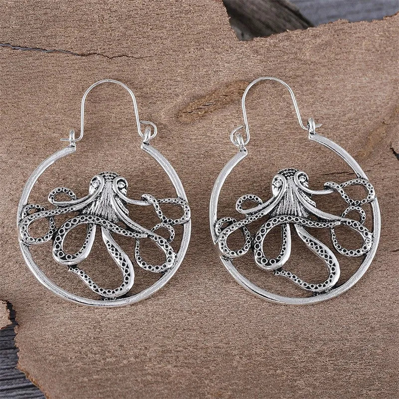Vintage antique silver octopus earrings with zinc alloy construction and electroplated finish