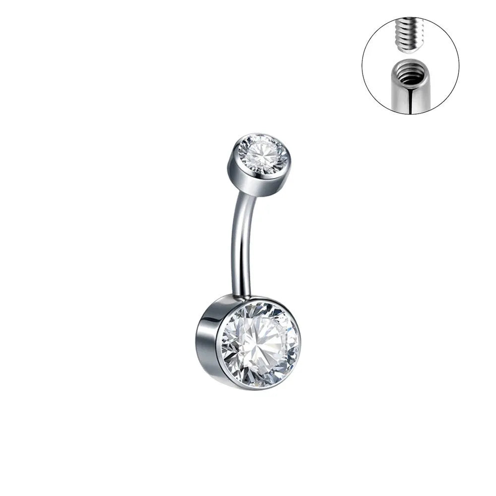 Double-headed zircon titanium alloy navel stud in various colours on a white background.