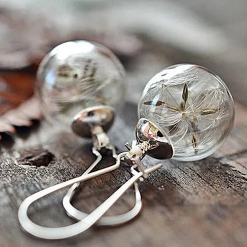 Transparent glass earrings with crystal dandelion seed design on French hooks