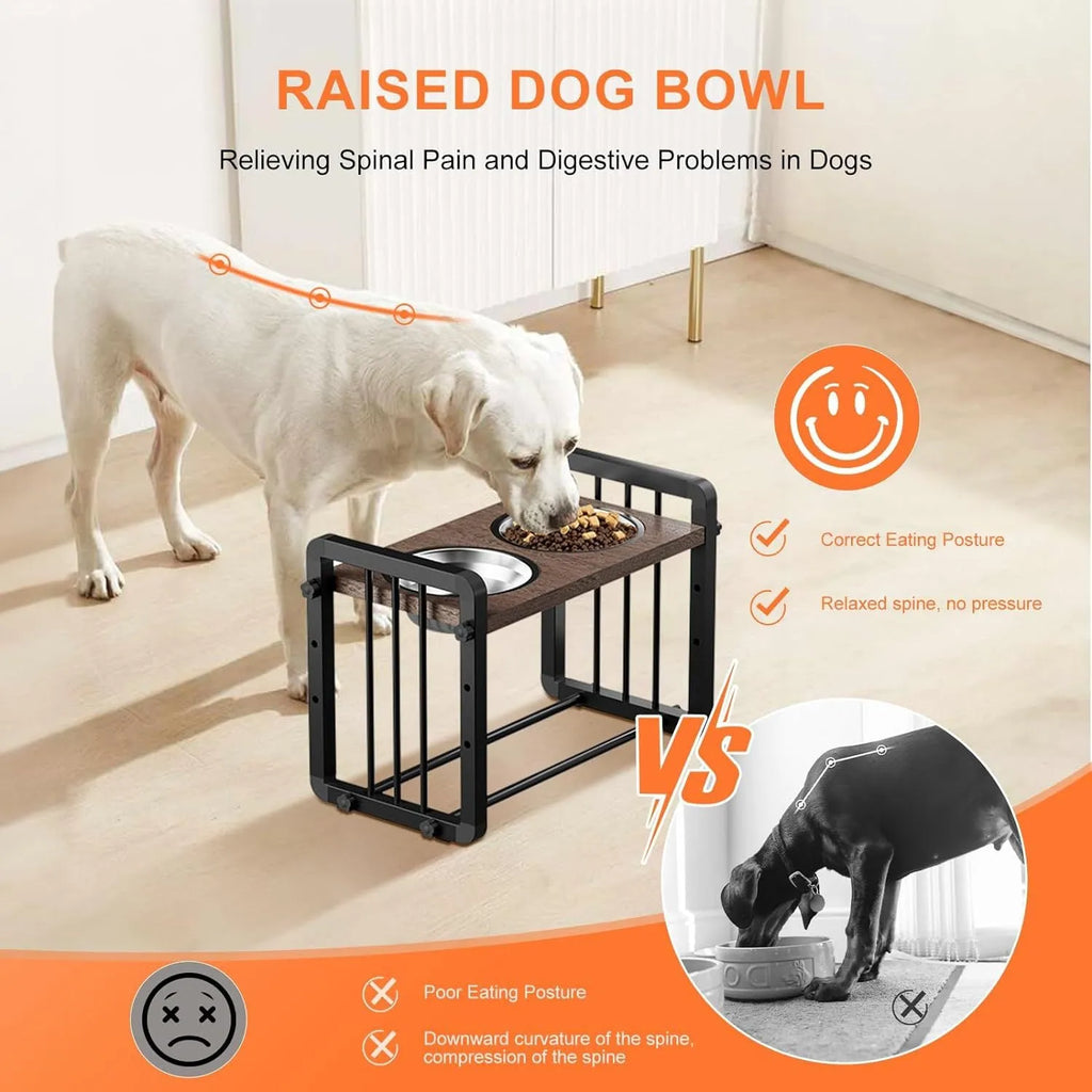 Black wooden dog bowl stand with adjustable metal bracket and non-slip grips