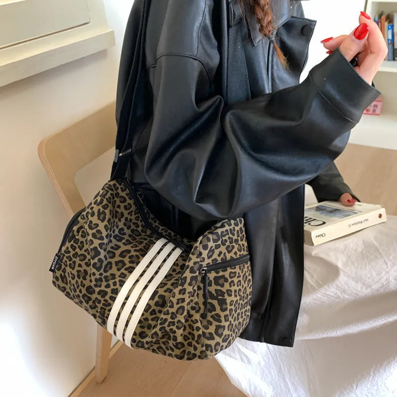 Leopard print sports messenger crossbody bag with large capacity and cloth construction
