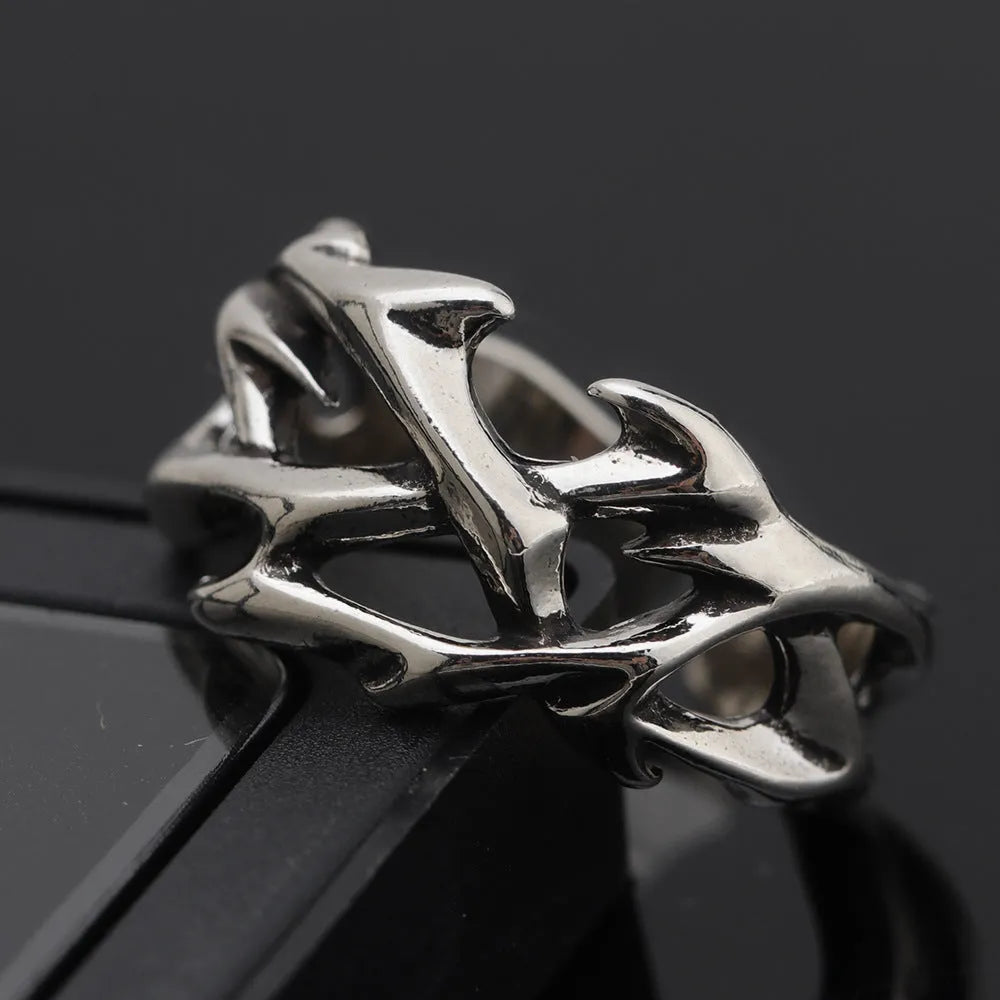 Geometric thorn flower copper men's ring with adjustable opening